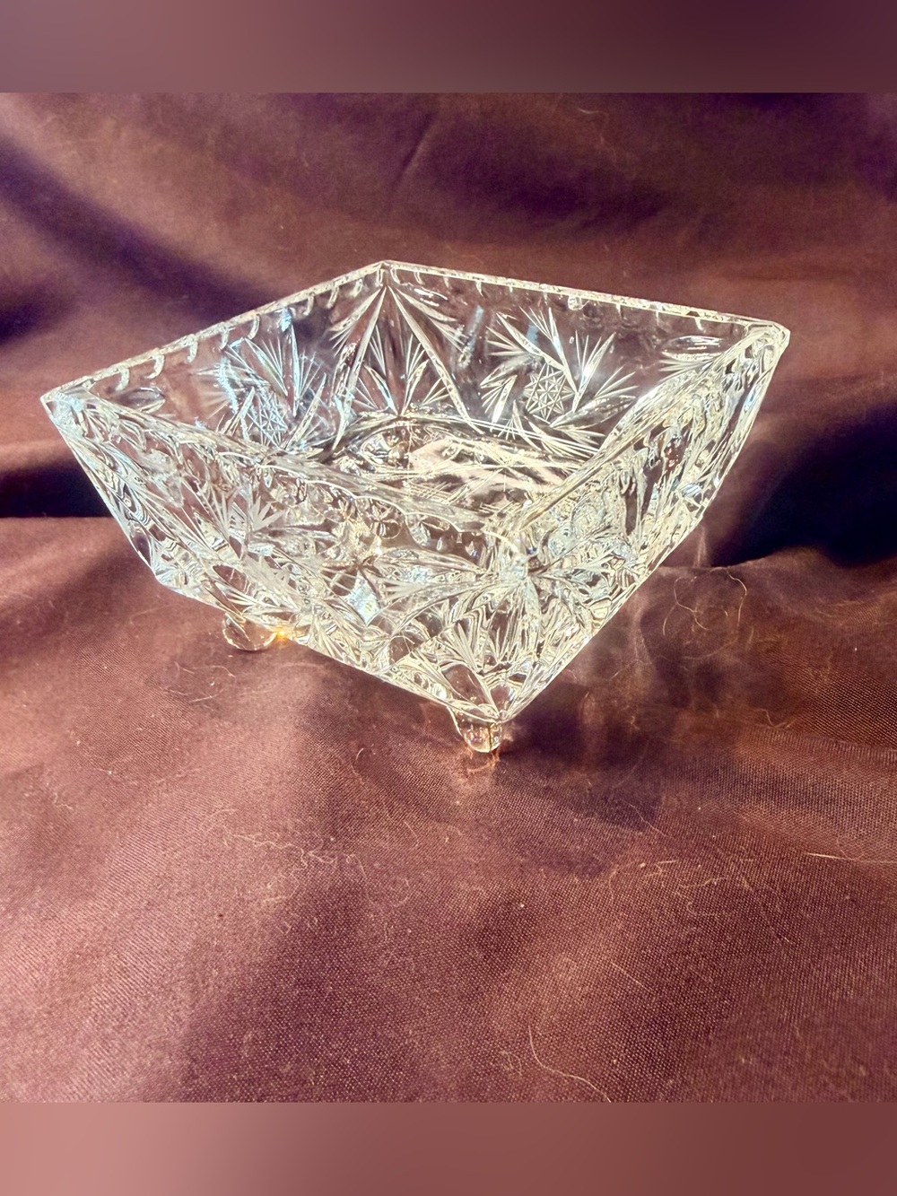 4” Square, 4 footed lead Crystal Vintage Dish